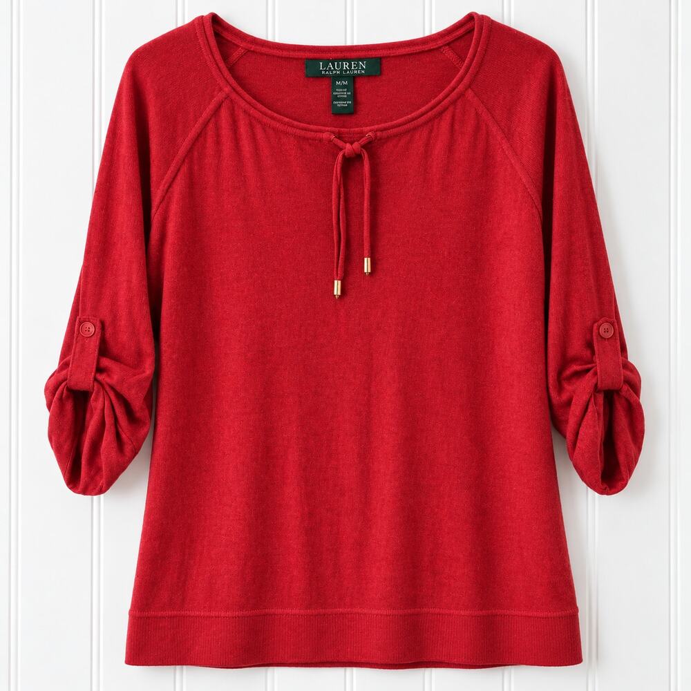 Lauren Ralph Lauren Red Tie Neck Top Womens M Cotton Roll Tab Sleeve